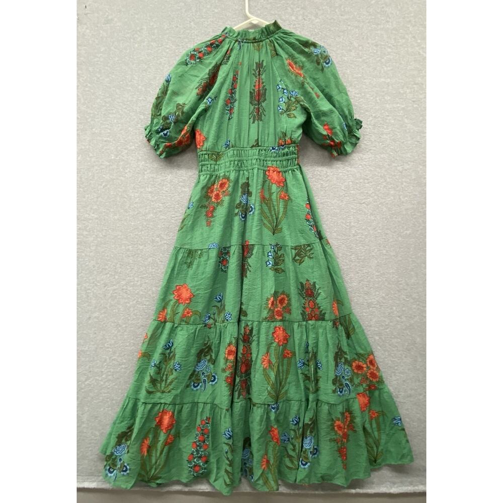 THML Green Floral Tiered Maxi Dress Small Boho Cottagecore Puff Sleeve Smocked - Picture 4 of 10